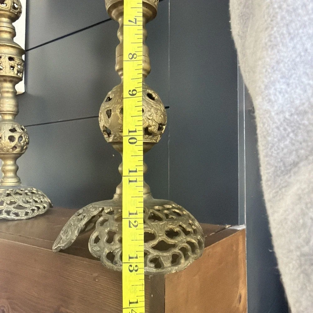 Pair Brass Filigree Taper Candlesticks 13